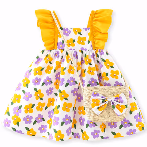 Vestido con estampas amarillas con volados + cartera